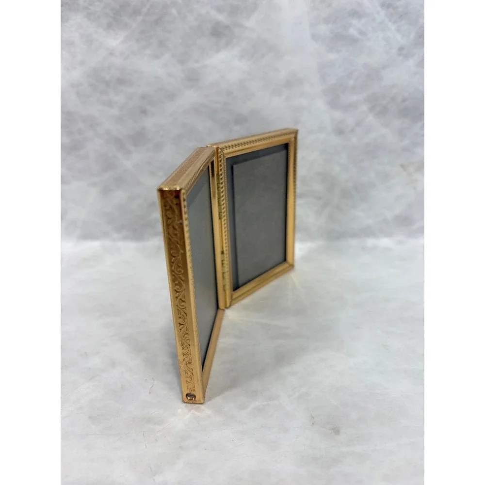 Vintage Gold Metal Double Folding Picture Frame Ornate Filigree Glass 2.5x3.5